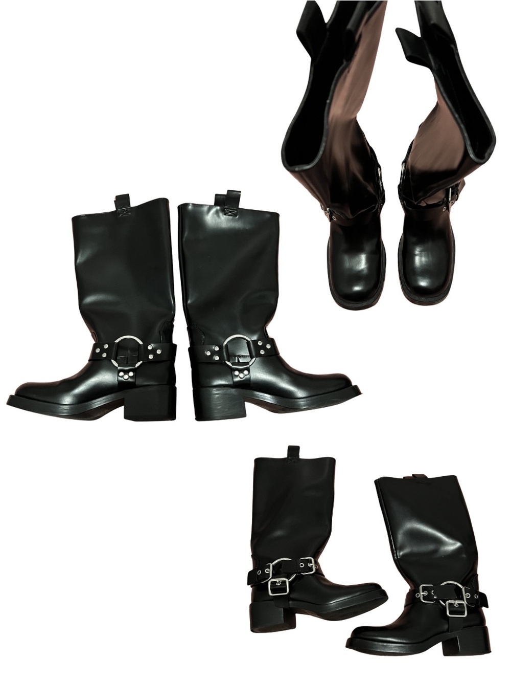 H&M Black Moto Combat Boots with Silver Buckles